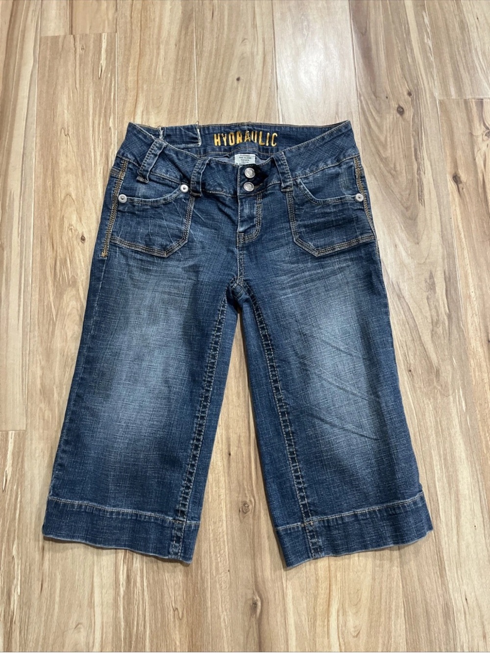 Hydraulic Dark Blue Cropped Denim Skimmer Shorts